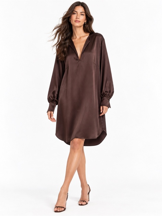 H&M Dresses & Skirts - H&M Dark Chocolate Brown Satin Like Oversized Shirt Tunic Dress Blouson Sleeve L